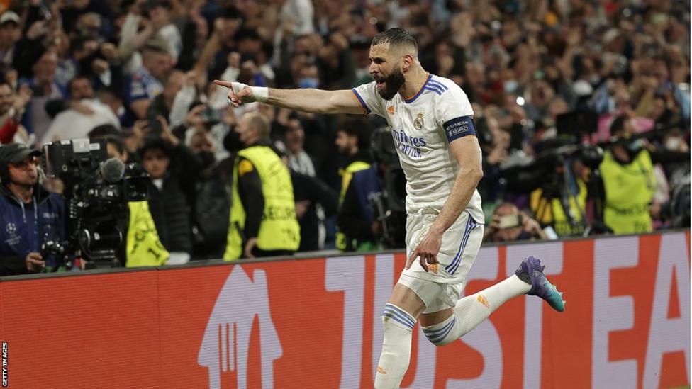 Karim Benzema of Real Madrid celebrates after scoring a goal during the Champions League Semi Final second leg between Manchester City and Real Madrid at Bernabeu Stadium in May 2022