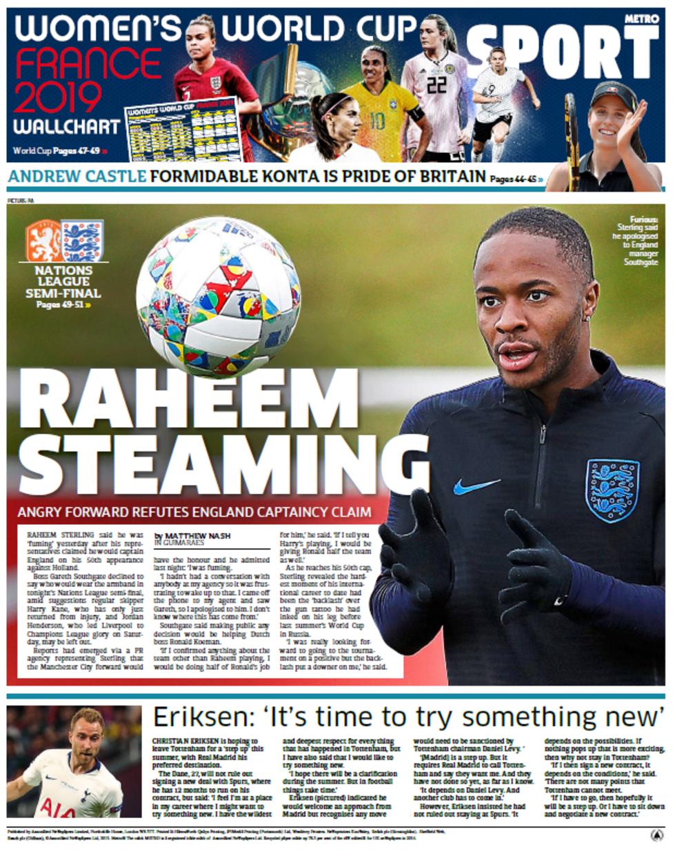 Metro back page on Thursday