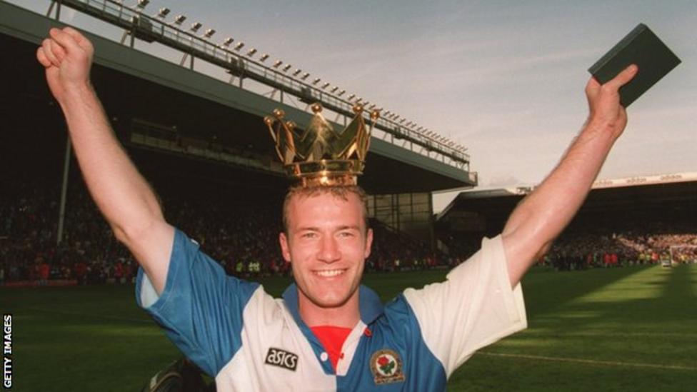 Alan Shearer celebrates after Blackburn Rovers clinch the Premier League title, 1995