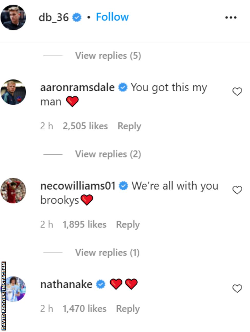 comments of support on Instagram from Aaron Ramsdale, Neco Williams and Nathan Ake