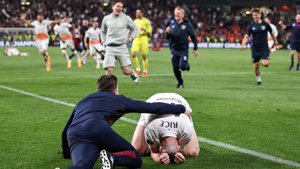 West Ham captain Declan Rice celebrates after the final whistle