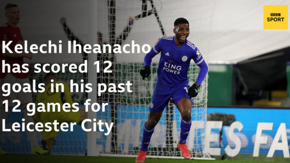 Leicester City forward Kelechi Iheanacho celebrating after scoring a goal