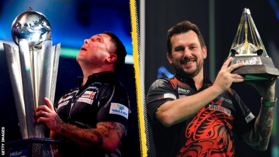 2021 World Matchplay Welsh duo Gerwyn Price and Jonny Clayton aiming