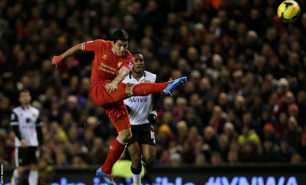 Luis Suarez scores a half-volley for Liverpool against Norwich