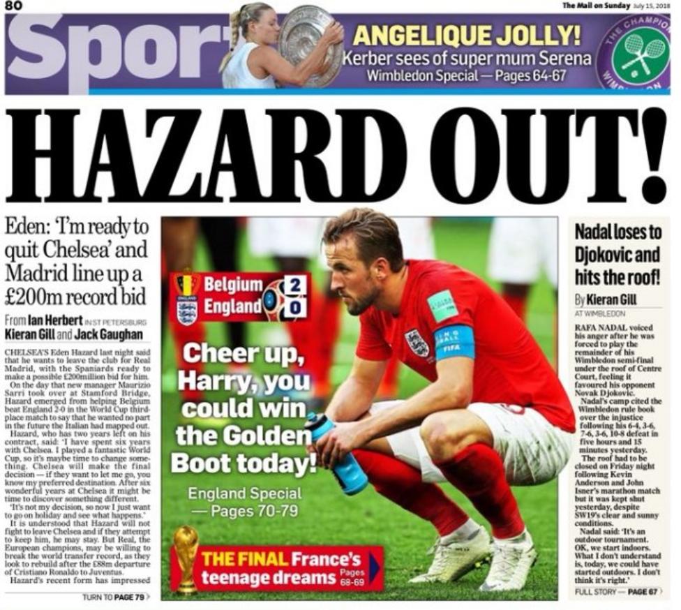 The Mail on Sunday leads on Eden Hazard stating he will consider his future