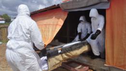 Personal sanitario con un muerto por ébola en Liberia.