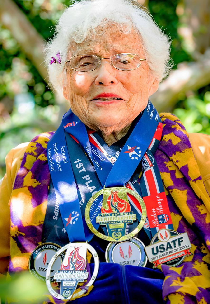 Julia 'Hurricane' Hawkins is 104, holds world records for her age group in sprinting, and has been competing in 'Olympics' for over-50s since the '80s (Credit: Margaret Matens) Julia 'Hurricane' Hawkins is 104, holds world records for her age group in sprinting, and has been competing in 'Olympics' for over-50s since the '80s (Credit: Margaret Matens)