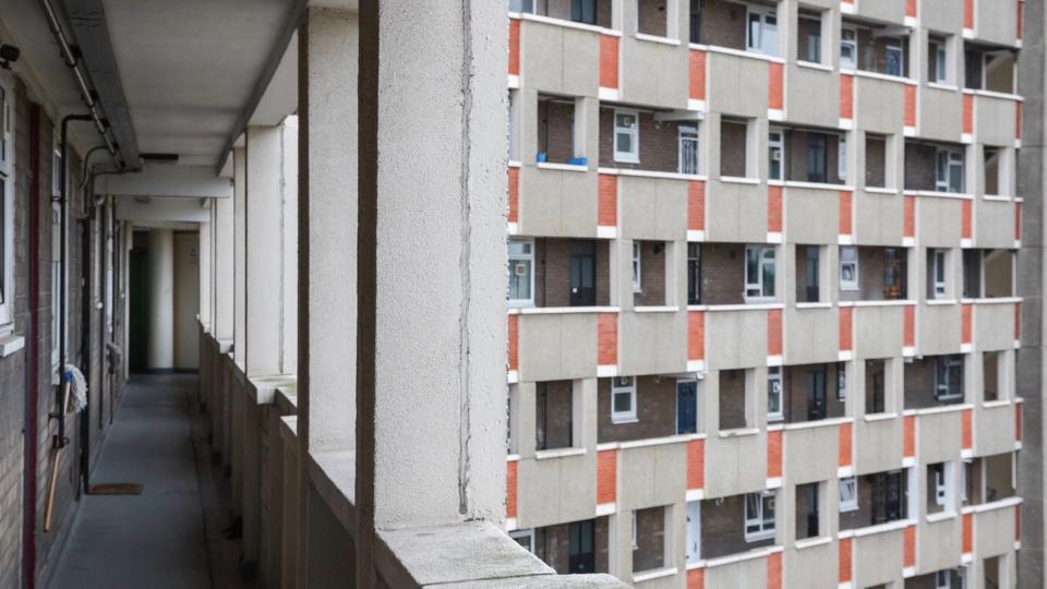 Communal corridor in large housing block, London Communal corridor in large housing block, London