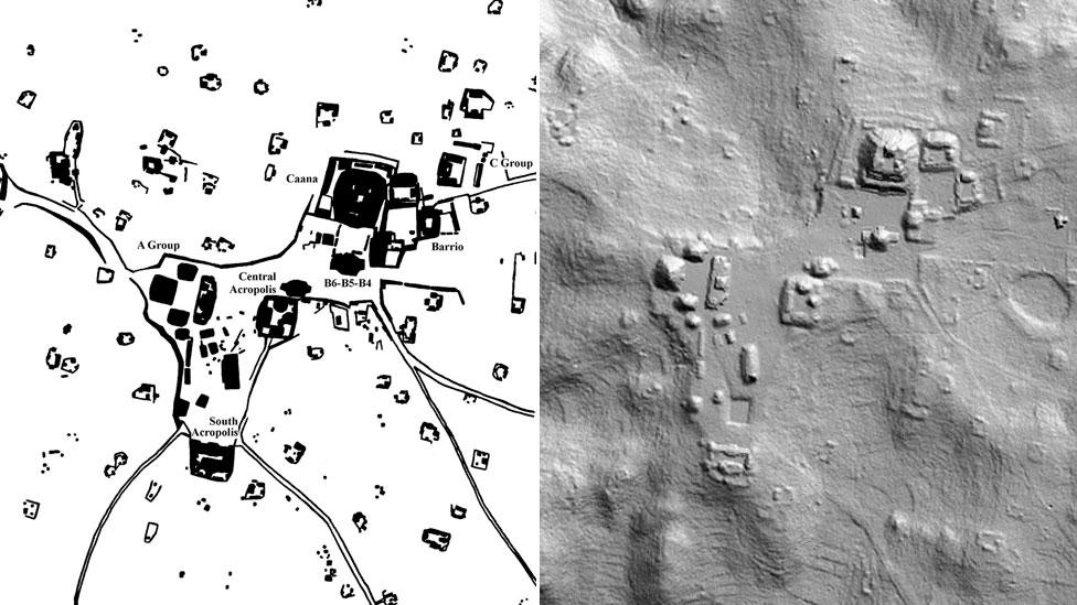 Traditional hand drawn maps can be contrasted with a 2D LiDAR imageof Caracol in which terraces, topography and other archaeological remains are visible. (Copyright: A&D Chase) Traditional hand drawn maps can be contrasted with a 2D LiDAR imageof Caracol in which terraces, topography and other archaeological remains are visible. (Copyright: A&D Chase)