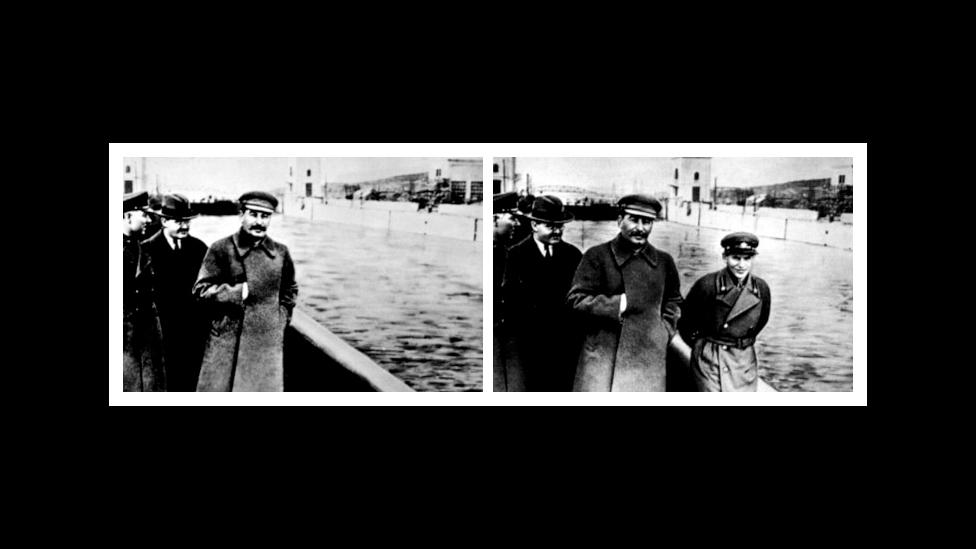 Josef Stalin’s Soviet regime regularly retouched photos to remove those who had fallen out of favour, such as the unfortunate commissar on the right. (Courtesy: Fourandsix.com) Josef Stalin’s Soviet regime regularly retouched photos to remove those who had fallen out of favour, such as the unfortunate commissar on the right. (Courtesy: Fourandsix.com)