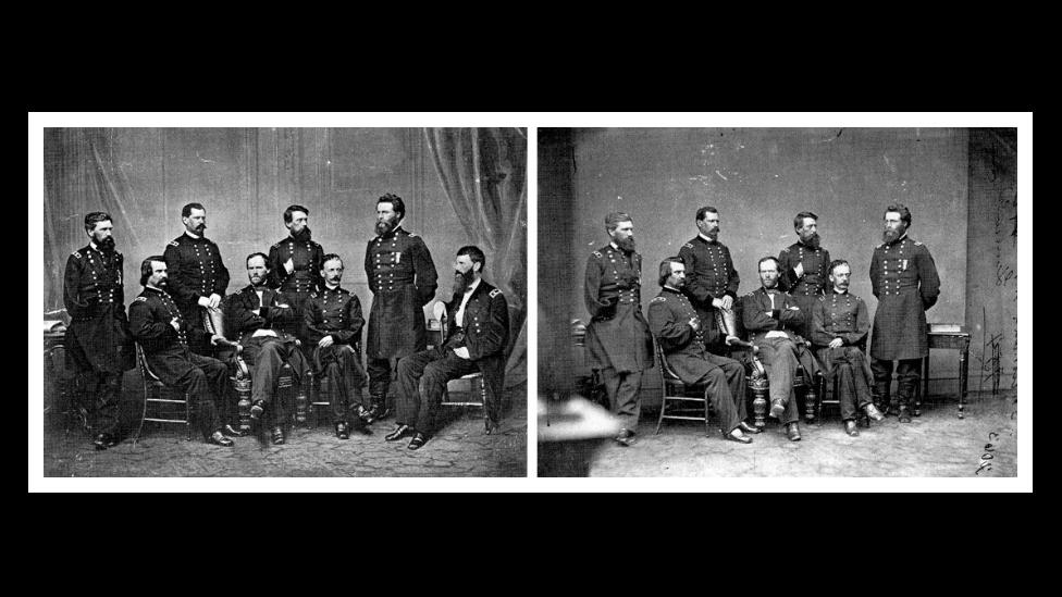 American general Francis P. Blair (right) was added to Mathew Brady's famous photo of General Sherman’s retinue because he was not at the meeting. (Courtesy: Fourandsix.com) American general Francis P. Blair (right) was added to Mathew Brady's famous photo of General Sherman’s retinue because he was not at the meeting. (Courtesy: Fourandsix.com)