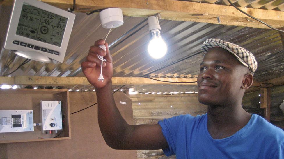 The iShack prototype costs $600, and features a solar panel to power lights, a mobile-phone charger and an outdoor spotlight for security. (Copyright: Anna Lusty) The iShack prototype costs $600, and features a solar panel to power lights, a mobile-phone charger and an outdoor spotlight for security. (Copyright: Anna Lusty)