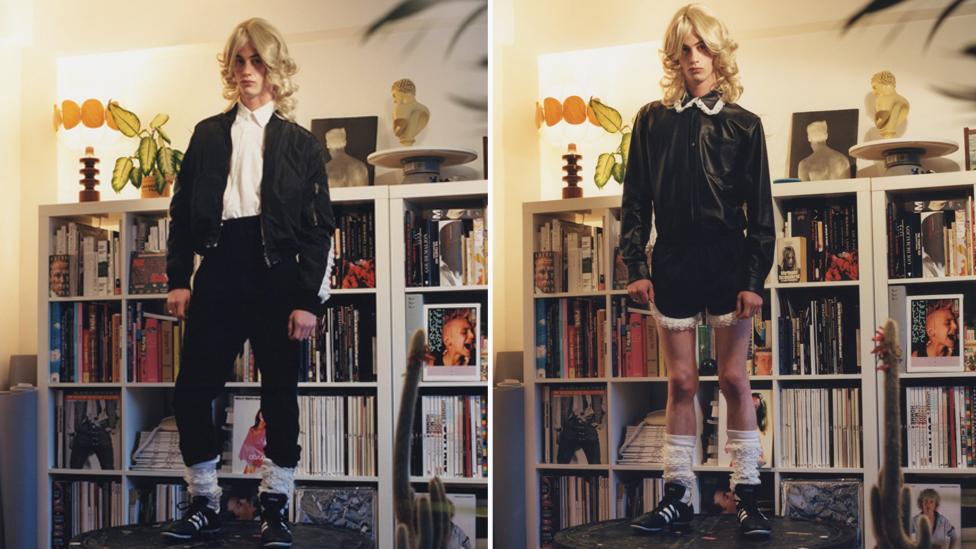 Martine Rose’s collection combines feminine elements with inspiration drawn from sports and athletic kits. Martine Rose’s collection combines feminine elements with inspiration drawn from sports and athletic kits.