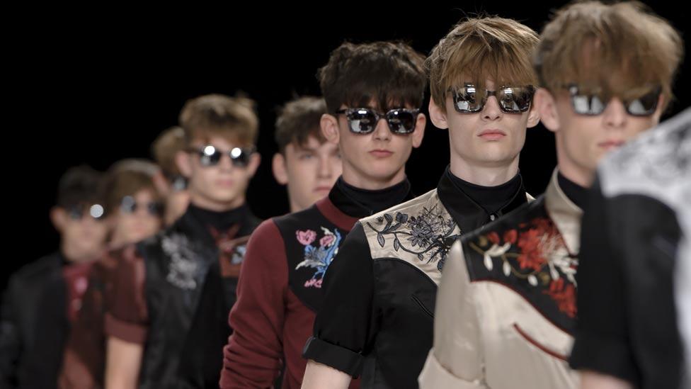 The Topman show featured fanciful cowboys in embroidered florals. (Associated Press) The Topman show featured fanciful cowboys in embroidered florals. (Associated Press)