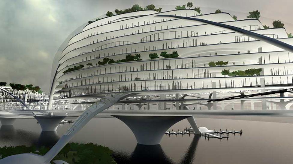 This concept, the Paik Nam June Media Bridge, would house roads, parks, offices and even a museum in a structure crossing the Han River near Seoul. (Copyright: Planning Korea) This concept, the Paik Nam June Media Bridge, would house roads, parks, offices and even a museum in a structure crossing the Han River near Seoul. (Copyright: Planning Korea)