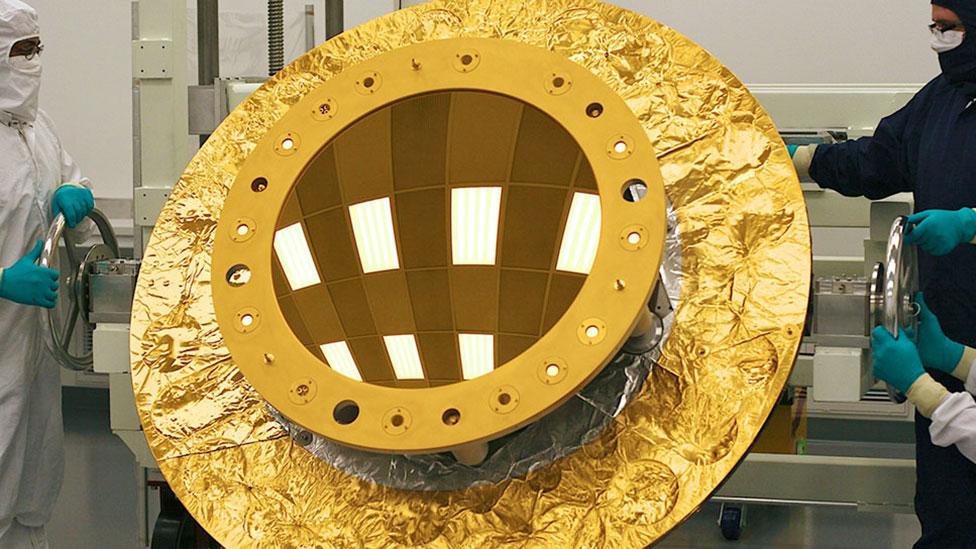 Each individual mirror will focus light into another mirror, called the secondary, that will be mounted in front of them. (Copyright: Ball Aerospace) Each individual mirror will focus light into another mirror, called the secondary, that will be mounted in front of them. (Copyright: Ball Aerospace)
