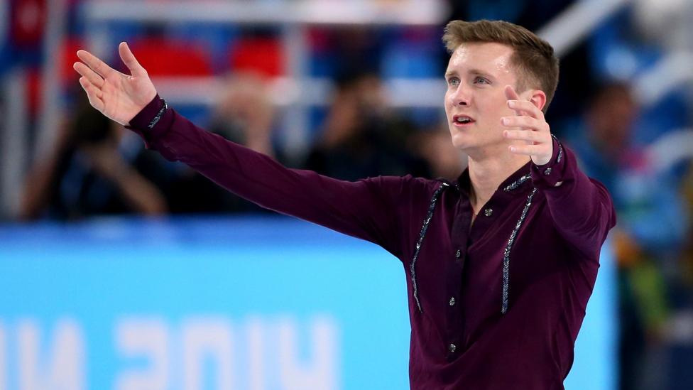 US figure skater Jeremy Abbott at the end of his short program at the 2014 Winter Olympics. In pain, he got up and finished after disastrous fall. (Robert Cianflone/Getty Images) US figure skater Jeremy Abbott at the end of his short program at the 2014 Winter Olympics. In pain, he got up and finished after disastrous fall. (Robert Cianflone/Getty Images)