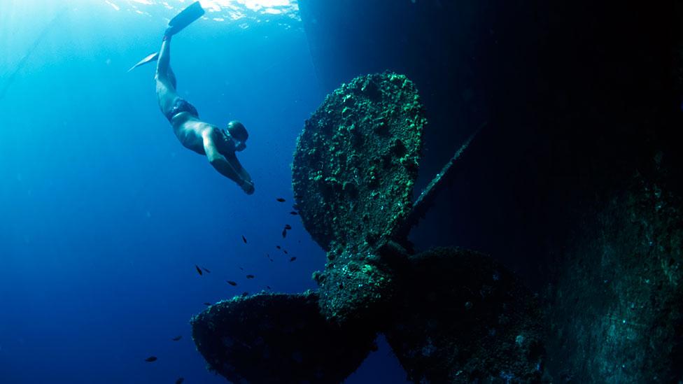 A diver approaches the wreck of a sunken ship. Freediving has been used in underwater salvage for thousands of years. (Science Photo Library) A diver approaches the wreck of a sunken ship. Freediving has been used in underwater salvage for thousands of years. (Science Photo Library)