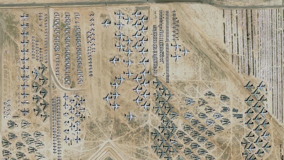 An aerial view of Davis-Monthan, including partly disassembled B-52 bombers (SPL) An aerial view of Davis-Monthan, including partly disassembled B-52 bombers (SPL)