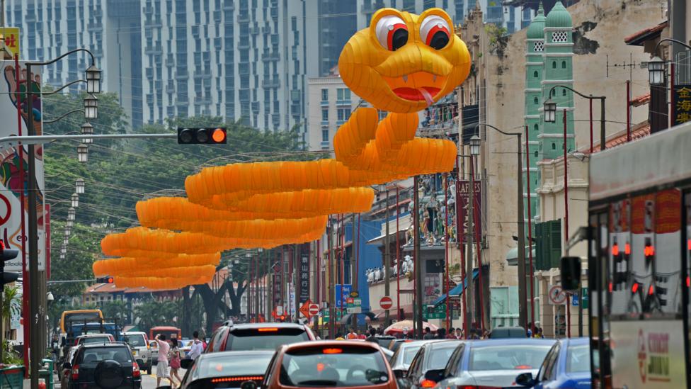 A snake shaped lantern figurine hangs above a road in Singapore (Credit: Roslan Rahman/AFP/Getty Images) A snake shaped lantern figurine hangs above a road in Singapore (Credit: Roslan Rahman/AFP/Getty Images)