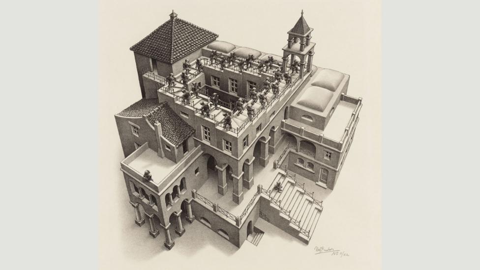 Escher was known for executing his prints to a very high level, such as Scaffold Ascending and Descending (1960). (Credit: 2015 The M.C. Escher Company – Baarn, The Netherlands)
Escher was known for executing his prints to a very high level, such as Scaffold Ascending and Descending (1960). (Credit: 2015 The M.C. Escher Company – Baarn, The Netherlands)