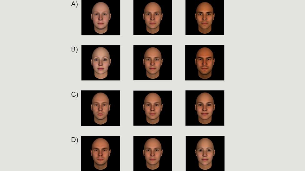 These faces show less or more (A) competence, (B) dominance, (C) extroversion, (D) trustworthiness (Credit: Christopher Olivola, Friederike Funk, Alexander Todorov) These faces show less or more (A) competence, (B) dominance, (C) extroversion, (D) trustworthiness (Credit: Christopher Olivola, Friederike Funk, Alexander Todorov)