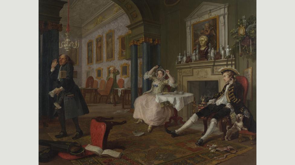 Hamilton’s work has some of the satirical bite of earlier artworks like Hogarth’s Marriage à-la-Mode (Credit: William Hogarth) Hamilton’s work has some of the satirical bite of earlier artworks like Hogarth’s Marriage à-la-Mode (Credit: William Hogarth)