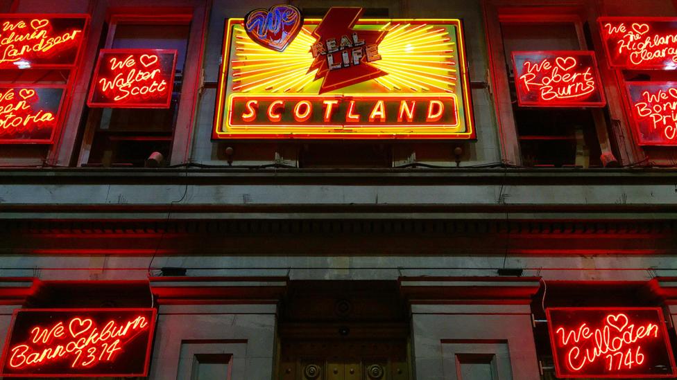 Ross Sinclair’s light installation We Love Real Life Scotland is a send-up of Scottish stereotypes (Credit: Karen Gardiner) Ross Sinclair’s light installation We Love Real Life Scotland is a send-up of Scottish stereotypes (Credit: Karen Gardiner)