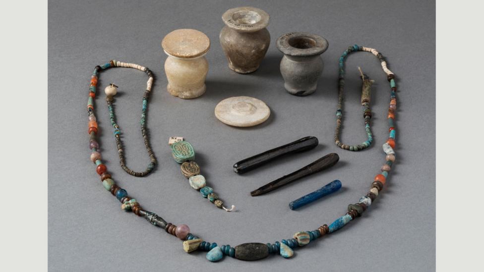 These cosmetic pots contained kohl, which the ancient Egyptians applied like eye-liner, perhaps to screen out the sun (Credit: Two Temple Place/Ipswich Museum) These cosmetic pots contained kohl, which the ancient Egyptians applied like eye-liner, perhaps to screen out the sun (Credit: Two Temple Place/Ipswich Museum)