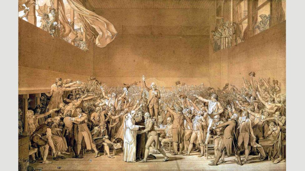 A sketch for Jacques-Louis David’s unfinished 1794 painting The Tennis Court Oath (Credit: Wikimedia Commons) A sketch for Jacques-Louis David’s unfinished 1794 painting The Tennis Court Oath (Credit: Wikimedia Commons)
