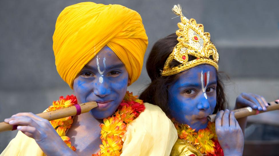 Children pose during London’s Rathayatra, the biggest festival of the International Society for Krishna Consciousness, at Trafalgar Square (Credit: Keith Erskine/Alamy ) Children pose during London’s Rathayatra, the biggest festival of the International Society for Krishna Consciousness, at Trafalgar Square (Credit: Keith Erskine/Alamy )