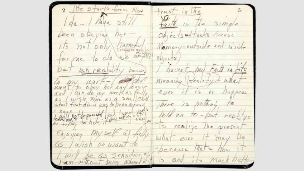 The notebooks are often written in a scrappy, hurried hand, with crossings-out and annotations (Credit: Fragments: Poems, Intimate Notes, Letters; Farrar, Straus and Giroux) The notebooks are often written in a scrappy, hurried hand, with crossings-out and annotations (Credit: Fragments: Poems, Intimate Notes, Letters; Farrar, Straus and Giroux)