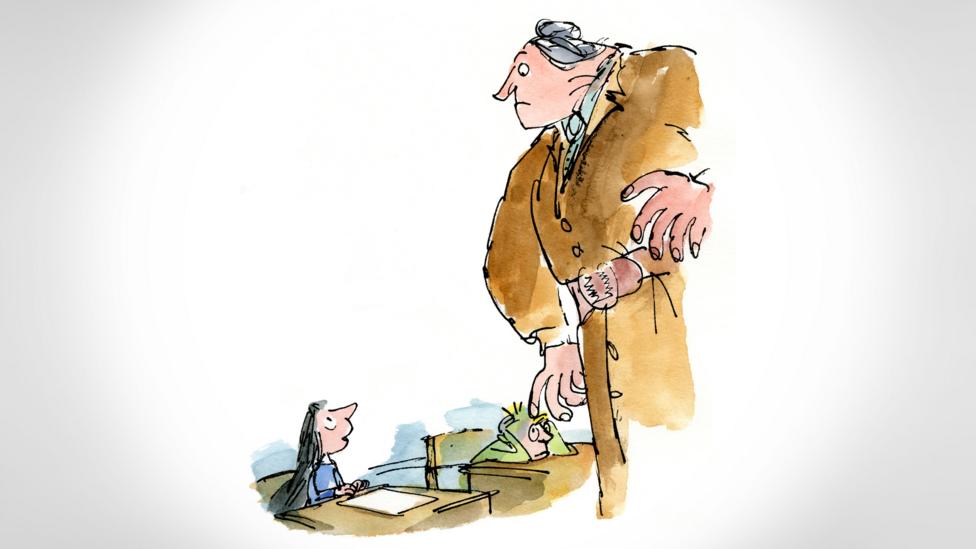 Villains like Matilda’s Miss Trunchbull loom large in his books, towering over pint-sized protagonists (Credit: Illustrations ©Quentin Blake) Villains like Matilda’s Miss Trunchbull loom large in his books, towering over pint-sized protagonists (Credit: Illustrations ©Quentin Blake)