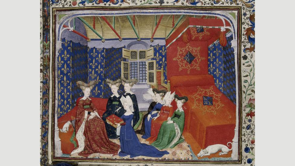 Christine de Pizan, shown here in a 15th-century miniature presenting her book, imagined utopia as a female-only city (Credit: Master of the Cité des Dames/British Library) Christine de Pizan, shown here in a 15th-century miniature presenting her book, imagined utopia as a female-only city (Credit: Master of the Cité des Dames/British Library)