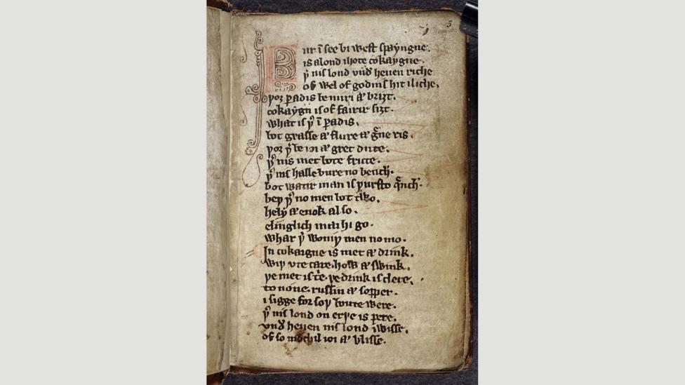 ‘No place on earth compares to this/For sheer delightfulness and bliss,’ goes the poem the Land of Cockaygne, here in the 14th-century Kildare Lyrics (Credit: British Library) ‘No place on earth compares to this/For sheer delightfulness and bliss,’ goes the poem the Land of Cockaygne, here in the 14th-century Kildare Lyrics (Credit: British Library)