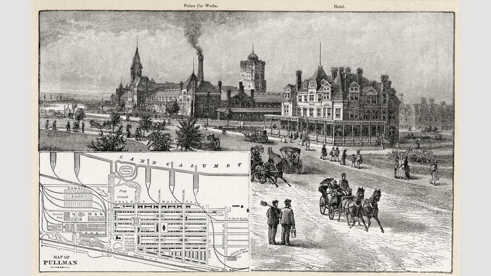 An 1885 engraving of the ‘model village’ of Pullman, Illinois, which was planned according to ‘scientific principles’ (Credit: Granger Historical Picture Archive/Alamy) An 1885 engraving of the ‘model village’ of Pullman, Illinois, which was planned according to ‘scientific principles’ (Credit: Granger Historical Picture Archive/Alamy)