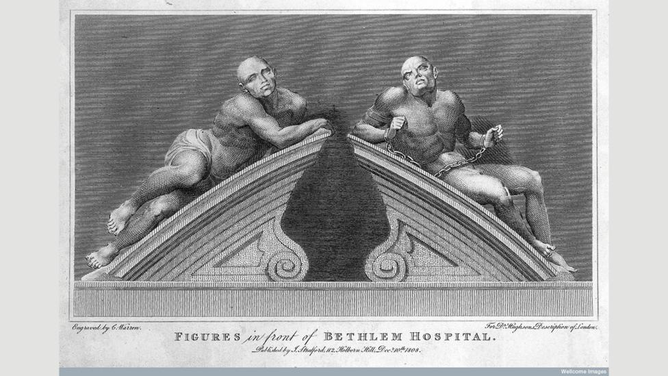 Statues of ‘melancholy’ and ‘raving’ – thought to be the two sides of mental illness – crowned the entrance gates to the hospital (Credit: Wellcome Library, London) Statues of ‘melancholy’ and ‘raving’ – thought to be the two sides of mental illness – crowned the entrance gates to the hospital (Credit: Wellcome Library, London)