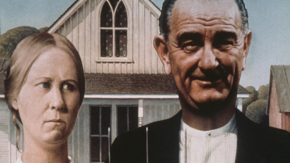 Lyndon Johnson’s face is superimposed over the male figure in Wood’s painting in a satirical photo collage (Credit: Getty Images) Lyndon Johnson’s face is superimposed over the male figure in Wood’s painting in a satirical photo collage (Credit: Getty Images)