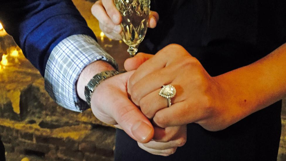 Andrew Smith and Amanda Lynch from Long Island, New York, newly engaged after a Romeo and Juliet themed proposal in London in November 2015 (Credit: Andrew Smith) Andrew Smith and Amanda Lynch from Long Island, New York, newly engaged after a Romeo and Juliet themed proposal in London in November 2015 (Credit: Andrew Smith)