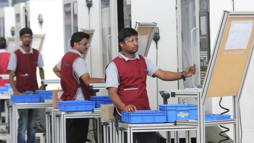 India is trying to future-proof job loss by acquainting students and workers to changing tech - workers are seen here in a Bangalore automation factory (Credit: Alamy Stock Photo) India is trying to future-proof job loss by acquainting students and workers to changing tech - workers are seen here in a Bangalore automation factory (Credit: Alamy Stock Photo)