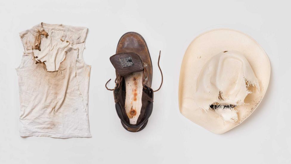 Hat and shirt worn by Jaime Santana and boots worn by Justin Gauger when they were struck by lightning (Credit: William LeGoullon) Hat and shirt worn by Jaime Santana and boots worn by Justin Gauger when they were struck by lightning (Credit: William LeGoullon)