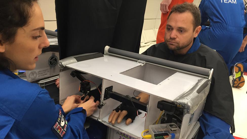 Scientists test if microgravity has any effect on the 'rubber hand illusion' (Credit: Esa) Scientists test if microgravity has any effect on the 'rubber hand illusion' (Credit: Esa)