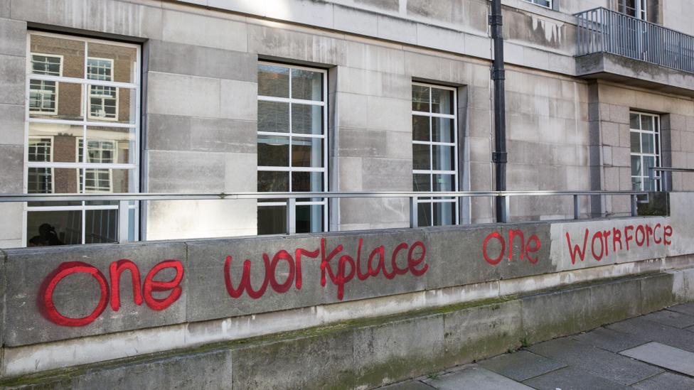 Graffiti outside the University of London on One Day Without Us and the UN World Day of Social Justice early last year (Credit: Alamy) Graffiti outside the University of London on One Day Without Us and the UN World Day of Social Justice early last year (Credit: Alamy)