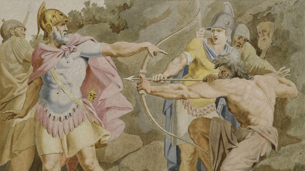 Rather than seeking adventure, The Odyssey is about a man returning home (pictured, Philoctetes aiming the bow of Hercules at Odysseus by Asmus Jacob Carstens) (Credit: Alamy) Rather than seeking adventure, The Odyssey is about a man returning home (pictured, Philoctetes aiming the bow of Hercules at Odysseus by Asmus Jacob Carstens) (Credit: Alamy)