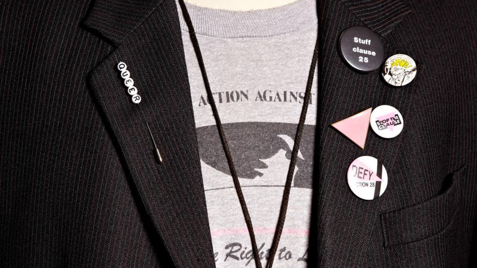 Blazer with activist badges from the late 1980s (Credit: Eddie Adams) Blazer with activist badges from the late 1980s (Credit: Eddie Adams)
