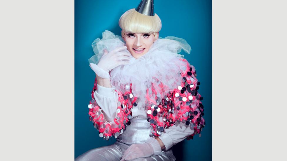 Alfie Ordinary in a customised Pierrot outfit, complete with ruff Alfie Ordinary in a customised Pierrot outfit, complete with ruff