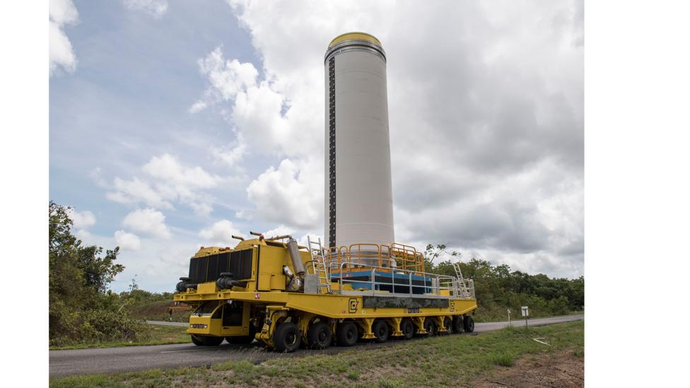 Transporting the rocket boosters is a slow and steady process (Credit: Esa) Transporting the rocket boosters is a slow and steady process (Credit: Esa)