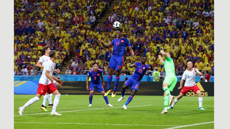 Yerry Mina of Colombia scores his team's first goal of the World Cup 2018 at Kazan Arena on 24 June (Credit: Getty Images) Yerry Mina of Colombia scores his team's first goal of the World Cup 2018 at Kazan Arena on 24 June (Credit: Getty Images)