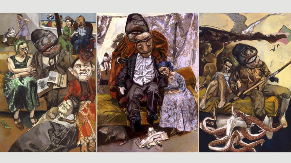 Rego stages mannequins, dolls and masks in her studio to create works like The Fisherman, triptych, 2005 (Credit: Paula Rego, courtesy Marlborough Fine Art) Rego stages mannequins, dolls and masks in her studio to create works like The Fisherman, triptych, 2005 (Credit: Paula Rego, courtesy Marlborough Fine Art)