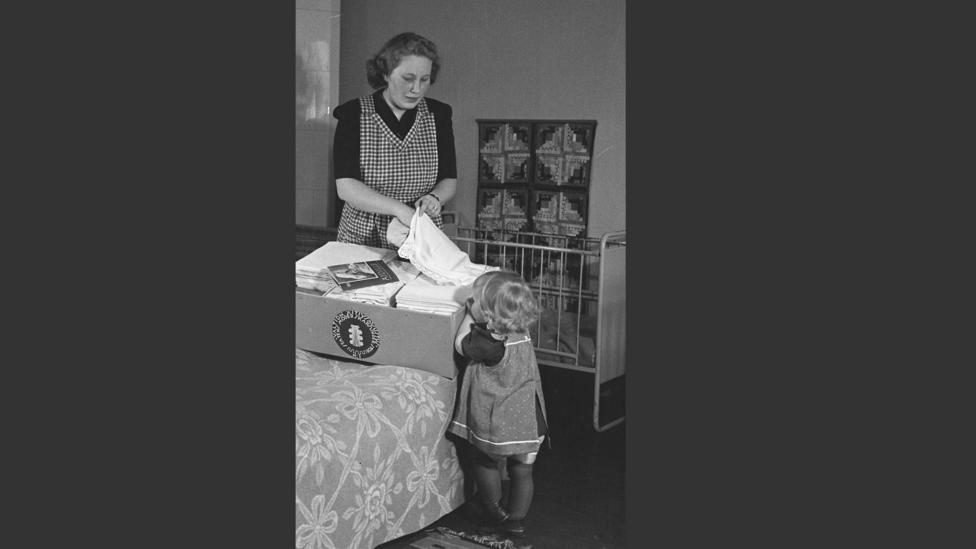 In the 1940s and 50s the box included cloth, everything was plain in colour so mothers would make and embroider the clothes to personalise them (Credit: The Finnish Labour Museum) In the 1940s and 50s the box included cloth, everything was plain in colour so mothers would make and embroider the clothes to personalise them (Credit: The Finnish Labour Museum)